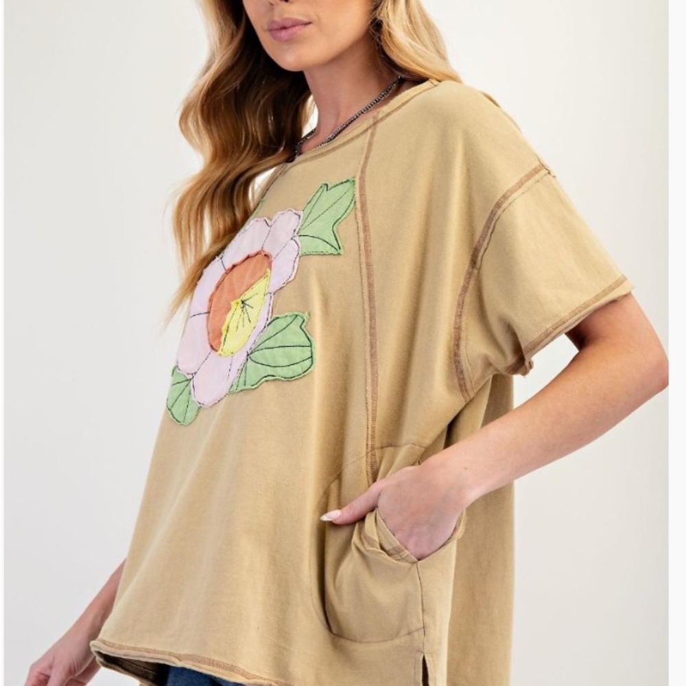 Easel Plus size Floral Patch Tan Top with colorful Appluque - Picture 3 of 5
